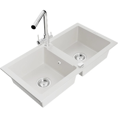 Mexen Mario гранитна мивка с 2 камери и кухненски смесител Duero, бял - 6504-20-671600-00 (6504-20-671600-00)