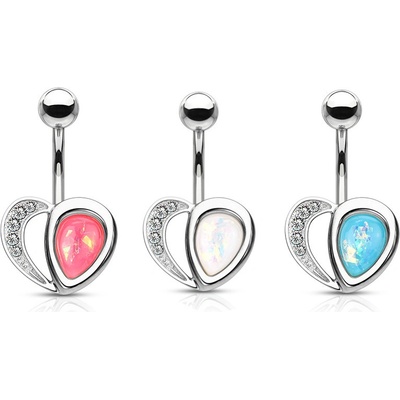 Šperky eshop piercing z oceli do pupíku v měděné barvě srdce opálové odlesky krystalky U15.06 Aqua modrá
