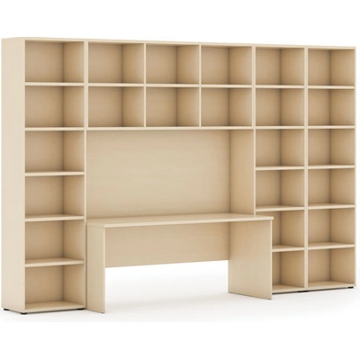 Sestavy knihoven Integro se stolem, vyšší/širší, 3550x700/400x2300 mm, bříza