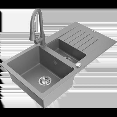 Matias гранитна мивка 1, 5-коморна с отцеждач и кухненски смесител Elia, сив - 6502-71-670101-71 (6502-71-670101-71)