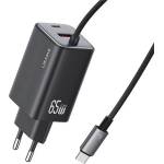USAMS Зарядно устройство USAMS JC за захранване от мрежата с гнездо Type-C 65W, GaN + фиксиран кабел Type-C, ЧЕРНО CC266TC01 (CC266TC01)