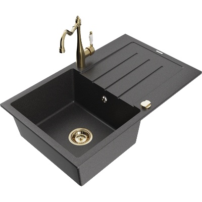 Mexen Bruno еднокамерен гранитен мивка с отцедник и кухненски смесител Carla, черен на петна - 6513-76-670700-50 (6513-76-670700-50)