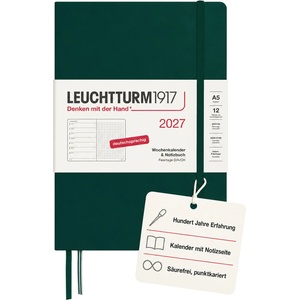 Leuchtturm1917 Weekly Calendar 2027 Dotted Medium (A5) with Notebook - German Appointment Planner, Forest Green, January-December 2027, Weekly Overview on the Left + Notes Page on the Right - 400095 (400095)