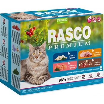 Rasko Premium Cat Pouch Sterilized 3 x salmon 3 x cod 3 x duck 3 x turkey 12 x 85 g