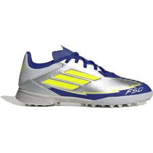 adidas Юношески футболни стоножки Adidas F50 League Juniors Astro Turf Football Boots - Silver/Blue