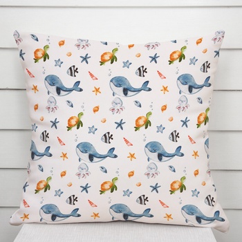 Biante bavlna Sandra SA-660 Modré veľryby a morské zvieratká na bielom 50 x 60 cm
