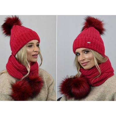 Fashionweek exkluzivní alpakový zimní set čepice a šála s bambulkami Jenot Zizi-AL4 Červená