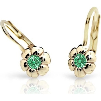 Danfil dětské náušnice kytičky C2151 ze žlutého zlata s kamínkem Emerald Green zapínání klapka