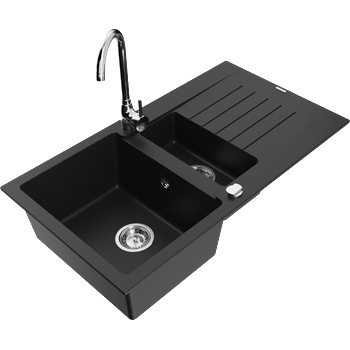 Mexen Matias гранитна мивка 1, 5-коморна с отцедник и кухненски смесител Telma, черен - 6502-77-670200-00 (6502-77-670200-00)
