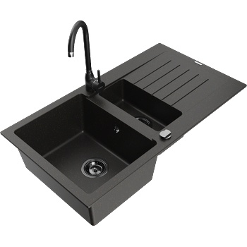 Mexen Matias гранитна кухненска мивка 1, 5-коморна с отцедник и кухненски смесител Telma, черно/златно - 6502-75-670200-70-B (6502-75-670200-70-B)