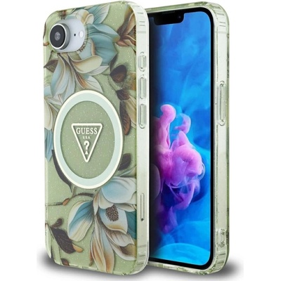 GUESS Калъф Guess IML Metal Glitter Flowers Triangle MagSafe iPhone 16e - зелен (3666339454807)