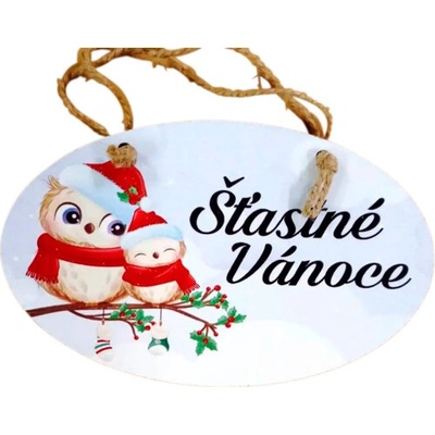 Bondecor Vánoční dřevěná dekorace - ovál "Šťastné Vánoce - sovičky" 18x11cm