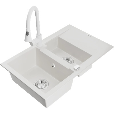 Mexen Gaspar гранитна мивка с 1, 5 камери и отцедник и кухненски смесител Elia, бял - 6507-20-670101-20 (6507-20-670101-20)