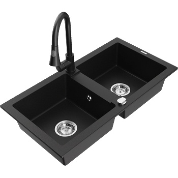 Mexen Mario гранитна мивка с 2 камери с кухненски смесител Elia, черен - 6504-77-670101-70 (6504-77-670101-70)