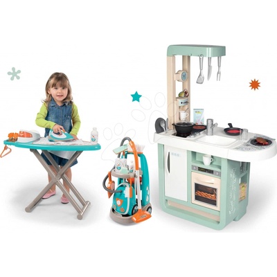 Smoby Cherry Kitchen Green set kuchyňka se zvuky a úklidový vozík s vysavačem a žehlicím prknem