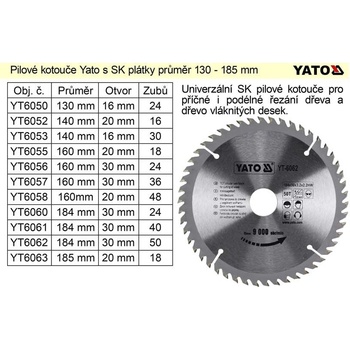 YATO pilový kotouč na dřevo 184x30 mm YT-6061
