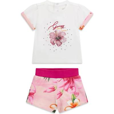 Guess Бяла тениска с цвете и розови къси панталони за бебе момиче Guess