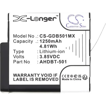 Image 1 of Cameron Sino Батерия за камера GOPRO Hero 5; Hero 6; Hero 7; Hero 8 AHDBT-501 3, 85V 1250mAh LIIon Cameron Sino (CS-GDB501MX)