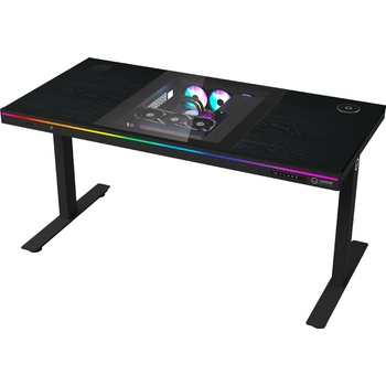 LORGAR Dual-motor sit/stand adjustable-height gaming desk with built-in PC case, wireless charger, RGB lighting, control panel, and USB (LRG-DE90W)