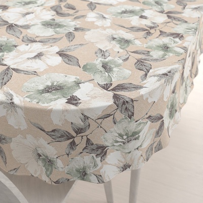 Biante oválny obrus Porto PRT-012 Zeleno-biele kvety na béžovom 50x100 cm