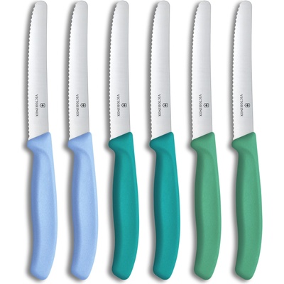Victorinox Swiss Classic, breakfast knife, bread knife set, 6 pieces, sharp blade, serrated edge, 11cm, stainless steel, blue and green - 6.7836. 6E2