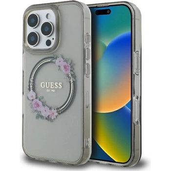 GUESS Калъф Guess IML Flowers Wreath MagSafe за iPhone 16 Pro - черен