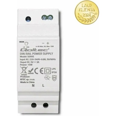 Qoltec 50995 – Průmyslový napájecí zdroj na DIN lištu 15 W / 5 V / 3 A / Bílý