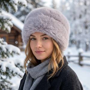  Пухкава зимна шапка в сиво от еко косъм
