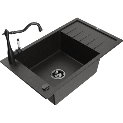 Mexen Elias гранитна мивка с 1 камера и отцедник и кухненски смесител Carla, черен/златен металик - 6511-75-670700-70-B (6511-75-670700-70-B)