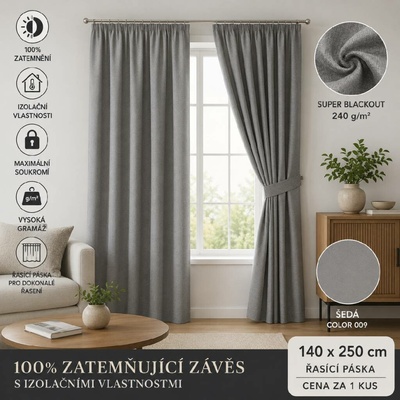 Dekorační zatemňující závěs SUPER BLACKOUT TAPE s řasící páskou šedá color 009 (cena za 1 kus) 140x250 cm 100% stínění Mybesthome