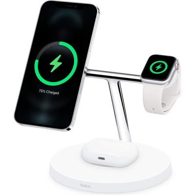 Belkin Boost Charge Pro 3-in-1 Wireless Charger with MagSafe 15W - тройна поставка (пад) за безжично зареждане за iPhone с Magsafe, Apple Watch и AirPods Pro (бял)