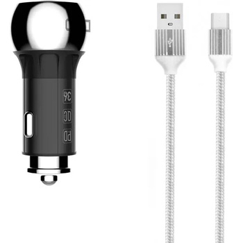 LDNIO Зарядно устройство за кола LDNIO C1, 1xUSB QC3.0, 1xType-C PD, С Micro USB кабел, Сив - 40076