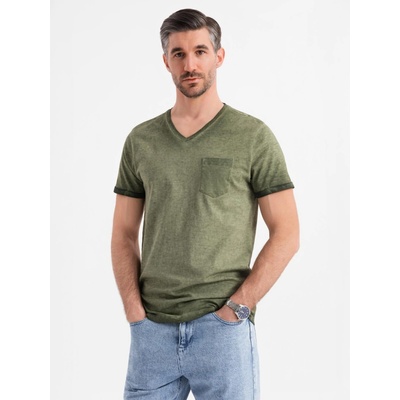 Ombre cotton V-neck knit t-shirt with washed effect olive khaki
