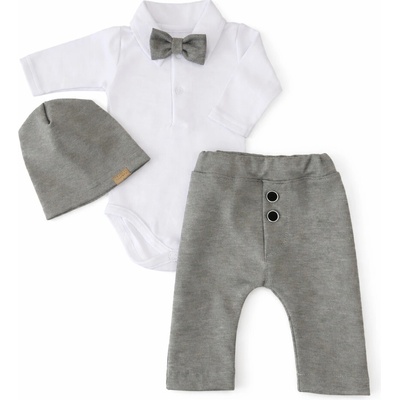 Z&Z 4-dielna sada Elegant Boy body nohavice motýlik a čiapky sivá/biela