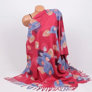 Image 1 of Кашмирен шал в червен цвят с цветни пера