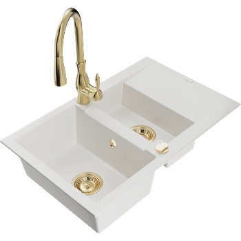 Mexen Gaspar гранитна мивка 1, 5-камерна с отцедник и кухненски смесител Savita, бял - 6507-20-672601-50 (6507-20-672601-50)