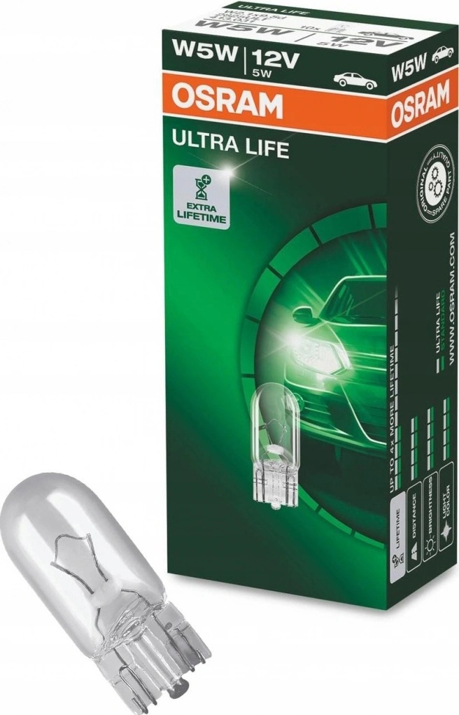 OSRAM Ultra Life W5W Halogen Bulbs - Twin Pack For Position & Number Plate Lights (12V, 5W, Wedge Type)