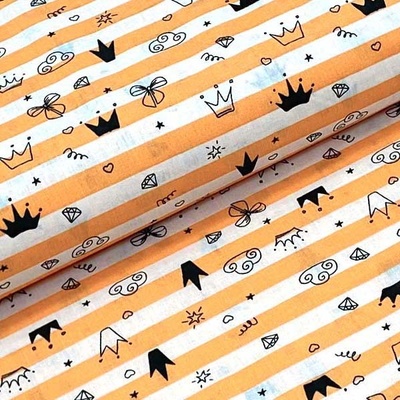 Bavlněné plátno P0641 bílo-oranžové pruhy, černý vzor, š.140