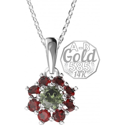 A B Poinsettia pendant with Czech garnets and moldavite in white gold jw AUVG1071