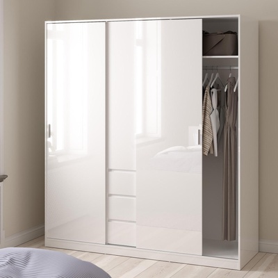 Гардероб Naia с 2 плъзгащи врати, 1 врата и 3 чекмеджета Бял гланц