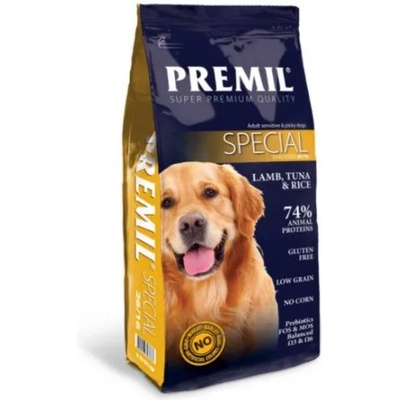 PREMIL Super Premium Special - пълноценна храна за пораснали кучета от всички породи, които са алергични към глутен, с пилешко и агнешко месо, 15 кг - Сърбия