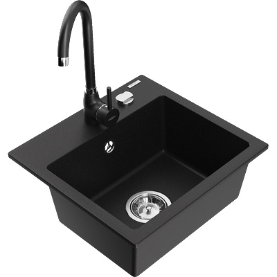 Mexen Milo гранитна кухненска мивка с 1 корито с кухненски смесител Telma, черен - 6505-77-670200-70 (6505-77-670200-70)
