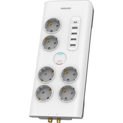 Philips SPN7061WA 6 AC Outlets With USB-A and USB-C Ports Extension Power Strip 3680W - разклонител с 4xUSB-A и 1хUSB-C порта и 6хAC изхода (бял)