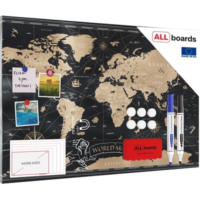 ALLboards magnetický obraz na stěnu bez rámu 60 x 90 cm - fotoobraz černá mapa světa