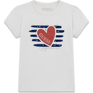 GUESS Бяла тениска със сини детайли и червено сърце за мини момиче Guess