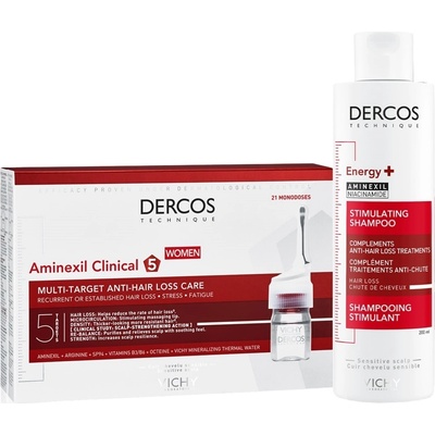 Vichy Dercos Комплект - Стимулиращ шампоан и Ампули против косопад за жени, 200 + 21 x 6 ml