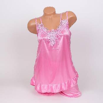 Image 1 of Дамска пижама с тънка презрамка в розово и дантела