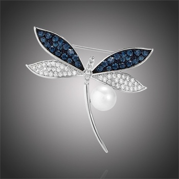 Éternelle luxusní brož s perlou a zirkony Noema vážka B2268-LXT0556A stříbrná