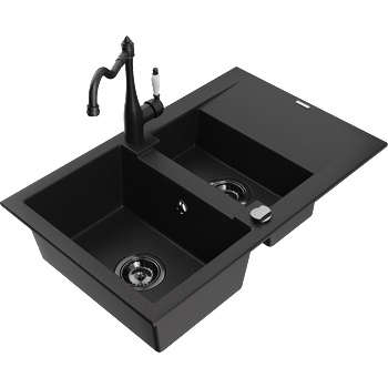 Mexen Gaspar гранитна мивка 1, 5-камерна с отцедник и кухненски смесител Carla, черен - 6507-77-670700-70-B (6507-77-670700-70-B)
