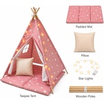 Ginger Home Детска памучна палатка Ginger Home Little Stars Розова - типи със звезди, подложка, възглавница и LED лампички (JW-KT001-P)